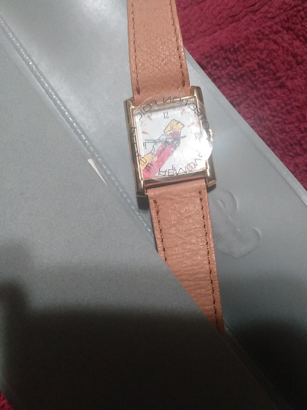 Vintage Disney Rocketeer Watch Gold Tank Case Beige Leather Band  1 Jewel