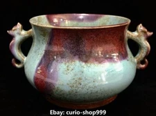 6.3" Old Song Dynasty Jun Kiln Porcelain Beast Twin Ear Incense Burner Censer