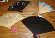 Vintage Chinese Pierced Carved Wood Cloth Hand Fan Lot of 4