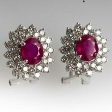 4 Ct Oval Cut Simulated Red Ruby Women's Push Back Earring 14k White Gold Plated