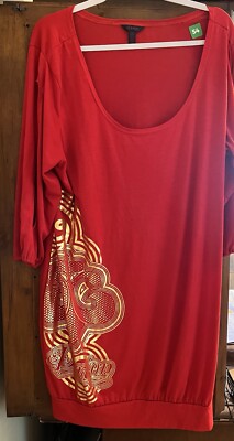 Beyonce Dereon Red Bodycon Sexy Dress Gold Graphics Size 2X
