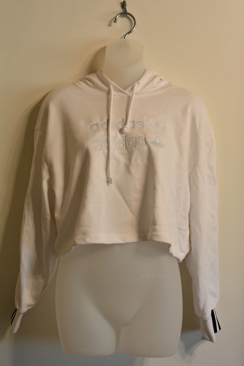 Adidas XS Cropped Sweater Hoodie Sweatshirt White Sly Blue Slit