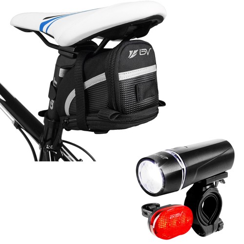 BV Bike Saddle Seat Bag Expandable with Bicycle Head Tail Light Set
