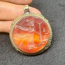 Unique Ancient Roman King Intaglio Carnelian Agate Stone Brass Coated Pendant 