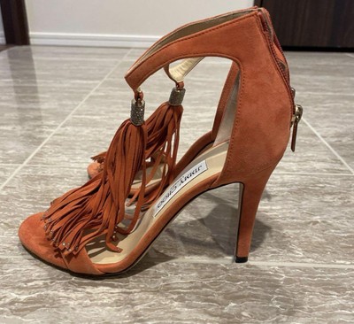 Jimmy Choo Mules Sandals Heel Fringe Suede Orange EU37 US6.5
