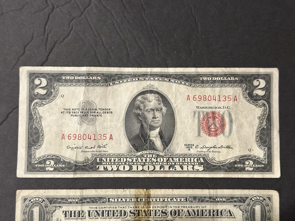 1953 B $2 Bill (RED) - 1957 B $1 Bill (BLUE)- 1935 F $1 Bill (BLUE) Lot. - Image 2 of 4