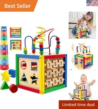 Wooden Activity Cube for Baby - 6 in-1 Baby Activity Play Cube with Bead Maze...