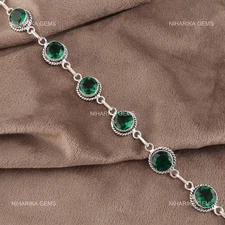 925 Silver Round Lab Green Emerald Stone Mother Boho New Chain Bracelet Jewelry