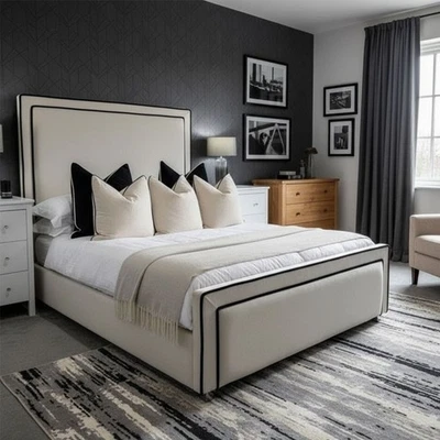 BSSPOKE GROUP Princess Plush Velvet Bed Frame Black Piping&Gas Lift Storage Mattress 4ft6 5ft