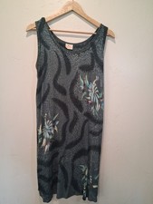 VTG Pineapple Moon One Size Hawaiian Floral Black Gray Tank Top Dress Crinkle