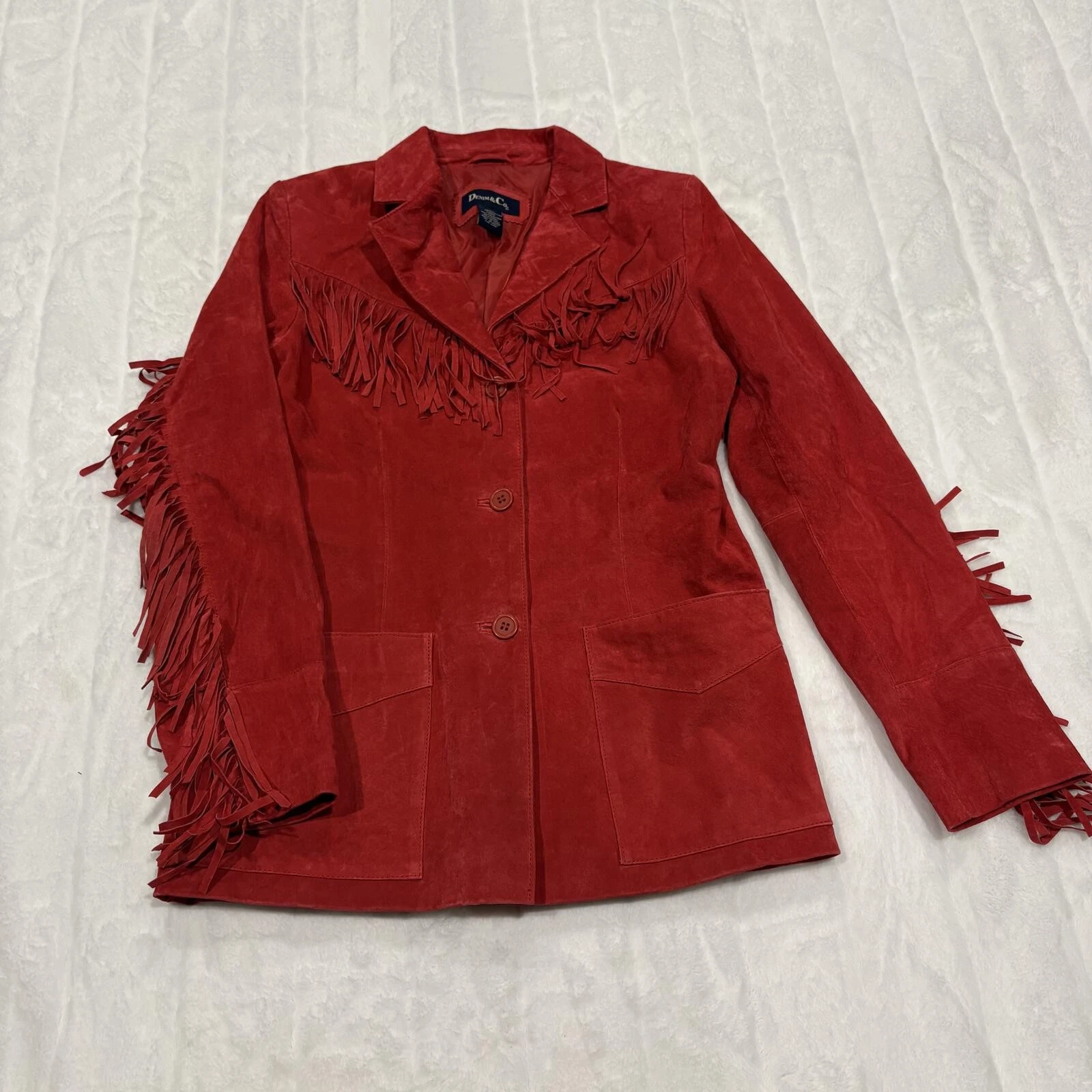 Denim & Co. Women's XS Red Leather Fringe Jacket Suede Stylish Outerwear