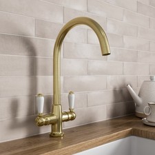 Sinkoro Traditional Kitchen Mixer Tap Twin Lever Swan Neck Curved Brushed Brass