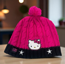 Girls Hello Kitty Pink Black Cable Knit Beanie Taboggan With Pom Pom Top OSFM