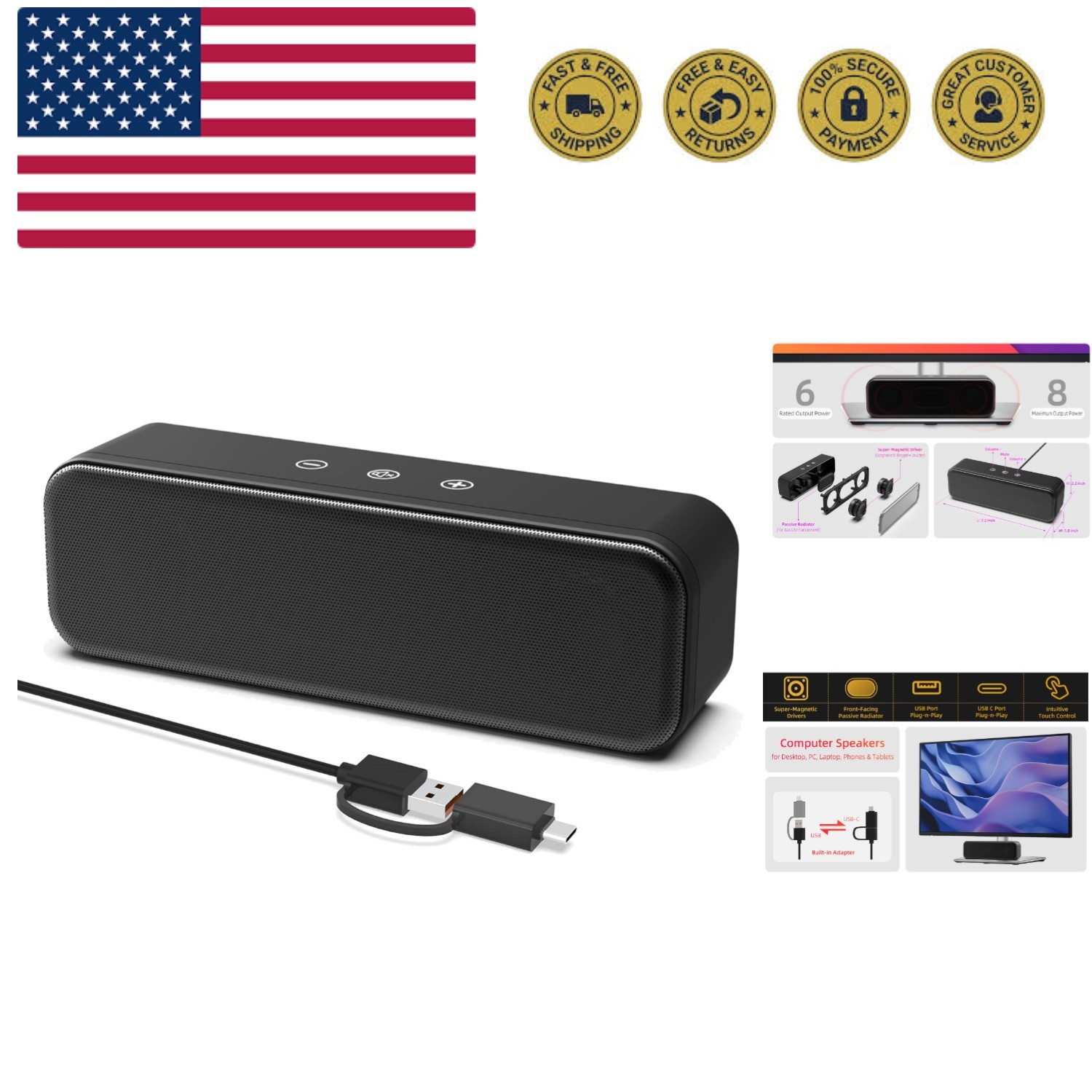 For Desktop Pc Laptop, Wired, Usb Plug-in, External Speaker.