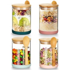 Set of 4 Airtight Glass Jars with Bamboo Lids  Spoons, 17 oz Borosilicate Ov...