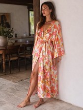 Vintage Natori Womens Robe Sz Large Orange Yellow Watercolor Floral Satin Luxury