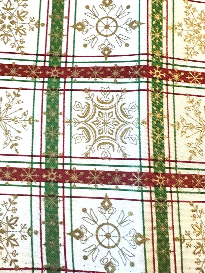 Christmas Cotton Fabric By Fabri—Quilt Gold Snowflakes In Red Green Squares - Image 3 of 4