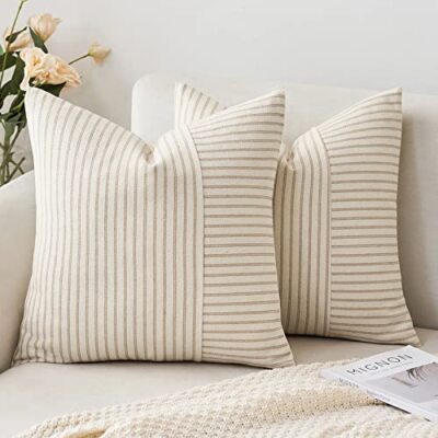  and Beige Patchwork Farmhouse Pillow Covers 18x18 18'' x 18'' (Pack of 2) Khaki