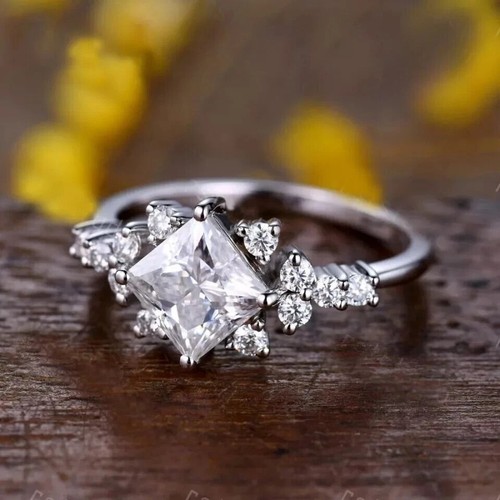 2.50Ct Princess Cut Simulated Diamond Women's Wedding Ring 14K White Gold Plated - Picture 2 of 6