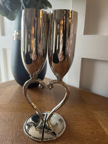 Things Remembered Silver Tone Heart Champagne Flutes With Swarovski Crystal