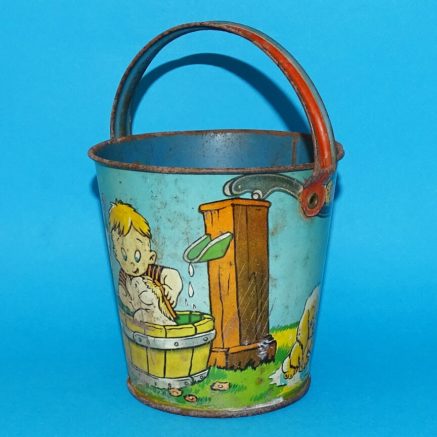 Vintage T Cohn Inc Toy Sand Pail Tin Litho Children Bathing Farm Pets