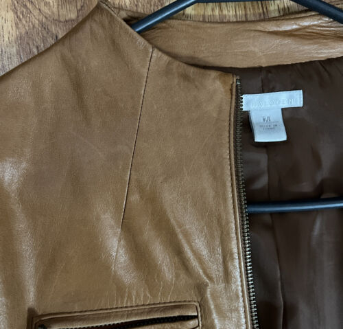Women’s Halogen Leather Jacket Sz M Cognac Brown Fitted Full Zip & Pockets Biker - Picture 12 of 13
