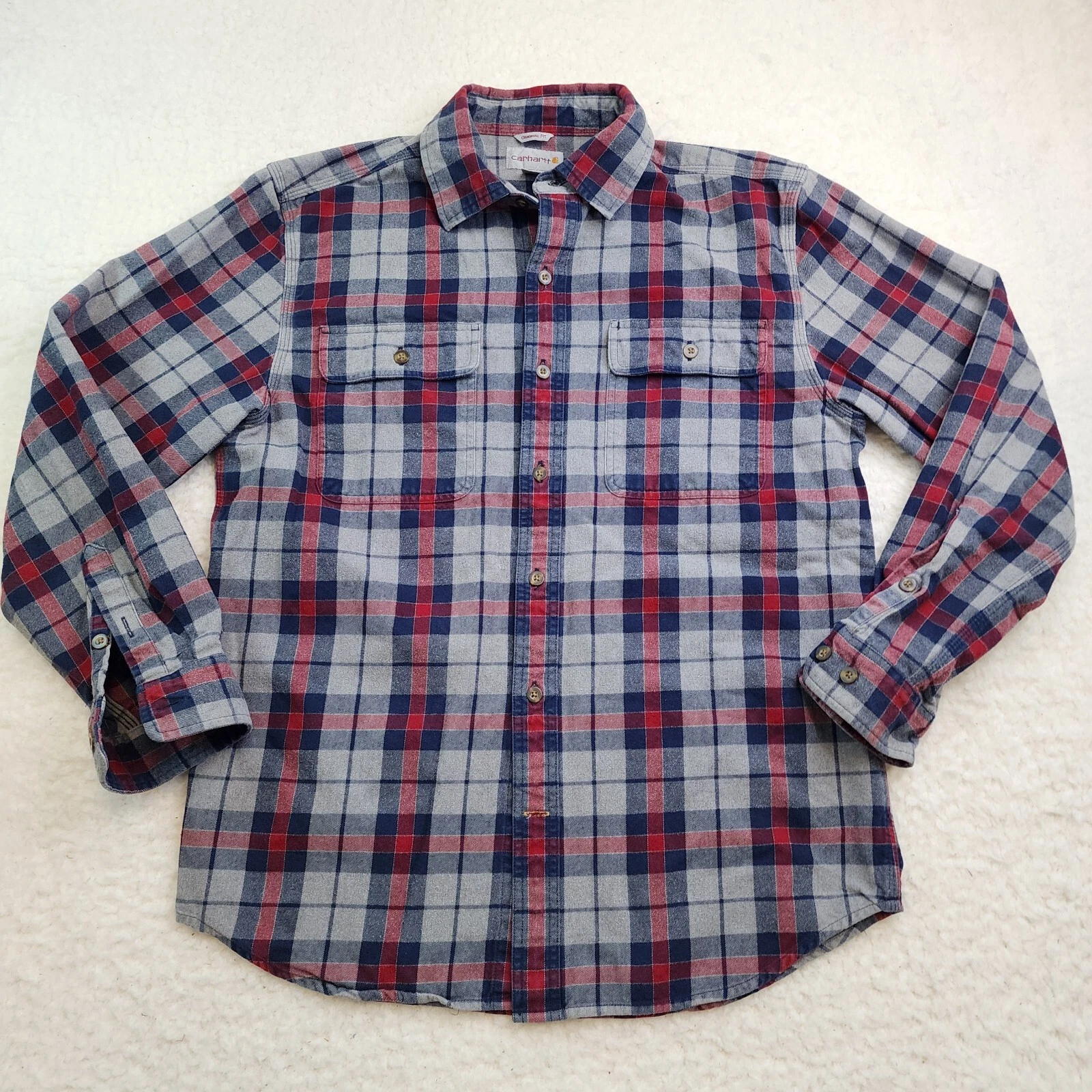 Carhartt Flannel Button Down Shirt Men M Red Blue Plaid Outdoor Work Wear