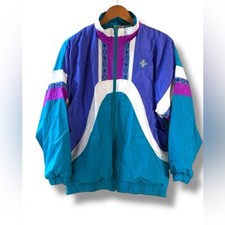 VTG BOLD SPIRIT - teal Blue/purple Full Zip Lined Windbreaker Jacket - Sz Medium