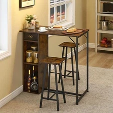 Bar Table and Chair Set for 2, Kitchen Dining Table with Storage Drawer & Shelf