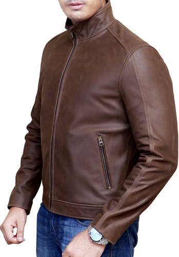 Men’s Motorcycle Biker Cafe Racer Brown Genuine Cow Leather Winter Jacket - Picture 3 of 7