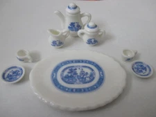 Dollhouse Miniature Porcelain White/Blue Tea Set 10 Piece