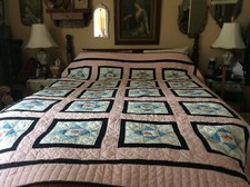 Hand Stitched Cotton Patchwork 8 Point Star Floral Quilt Cottage 86" X 102"