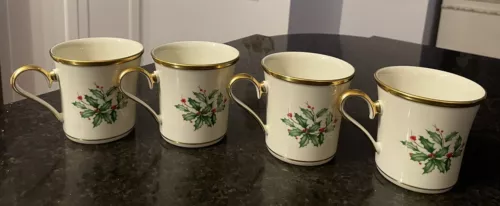 Lenox Dimension Collections Holiday Mugs/ Cups~Holly~ Christmas~Set of 4~ NEW!!