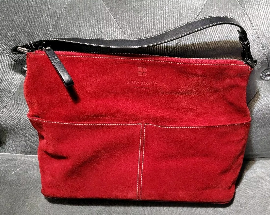 KATE SPADE Red Suede Mega Pockets Black Leather Short Shoulder