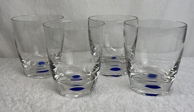 Clear Glass Blue Bubble Dot Lowball Tumblers Solid Base - Heavy Set of 4