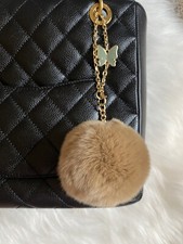 Brown Tan Pom Pom Bag Charm Keychain Ring Car Enamel Butterfly Gold Chain Strap