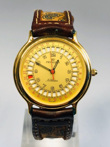 Vintage Swiss Made Pryngeps Noblesse Calendario Orologio Cinturino in pelle  originale | eBay
