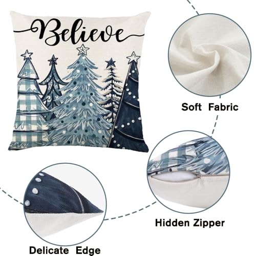 4PCS Christmas Throw Pillow Covers 18x18 Inch, Blue Snowflake Blue and White