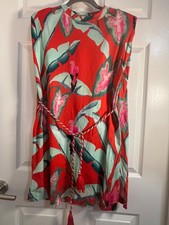 Farm Rio Dress Red Parrot Print Organic Cotton Tropical Floral Fits S/M