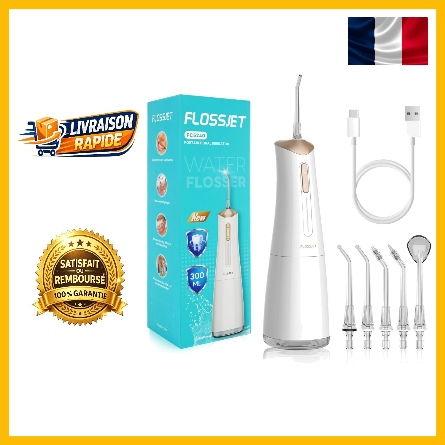 FlossJet jet dentaire 300ml - Hydropulseur rechargeable silencieux