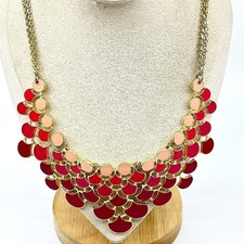 VTG Amrita Singh Red Ombre Scallop Enamel Bib Necklace Gold Tone Boho Statement