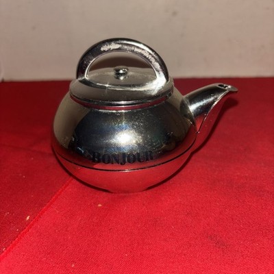 VTG BonJour Tea Pot Mechanical Kitchen Timer - Bright Silver Toned Finish Works
