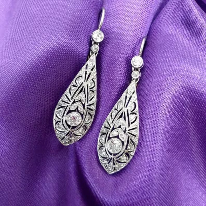 Art Deco Vintage Style Simulated Diamond Drop Earrings In 14K White Gold Plated