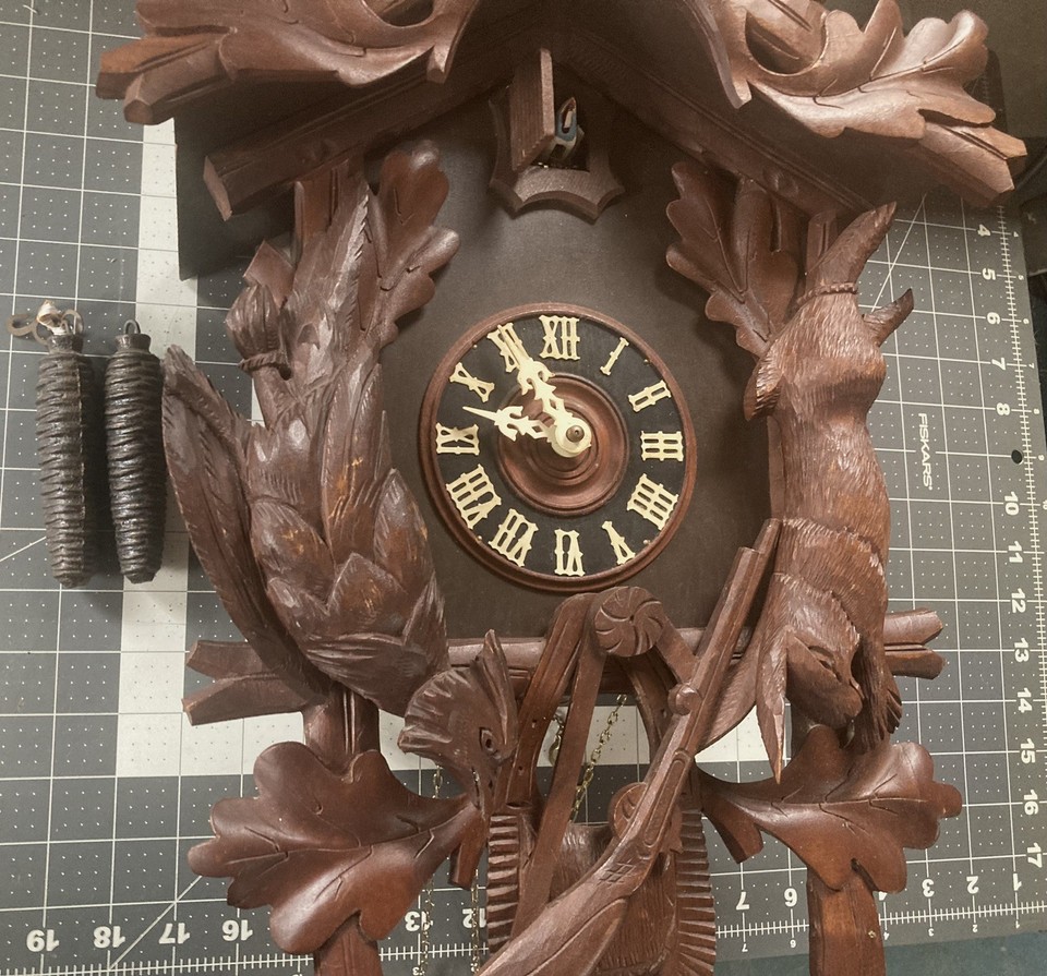 Antique Carved Wood German Made Cuckoo Clock Deer Gun Rabbit Motif ...