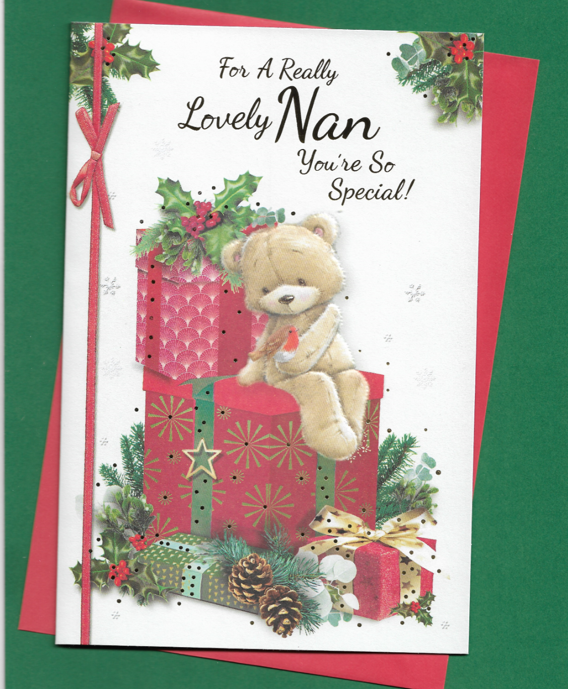 Nan Christmas Card 9""x6"" Cute Teddy Bear Sat On Presents Your So Special