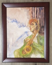 Framed Original Watercolor Featuring Saxophonist  - Artist Unknown