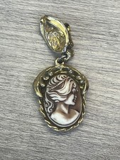 Tassled Cameo Necklace Carved Vintage Goldtone Chain High Dome Brown Vtg