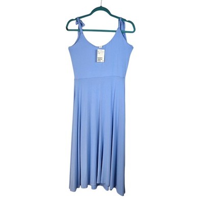 H&M Light Blue Tie Shoulder Midi Dress Medium V-Neck Fit Flare Jersey Knit NEW