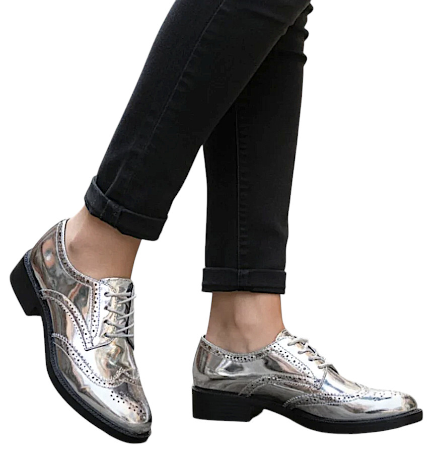 NINE WEST Sammy silver wingtip vegan oxfords size 7 lug heel NWOT metallic T2K
