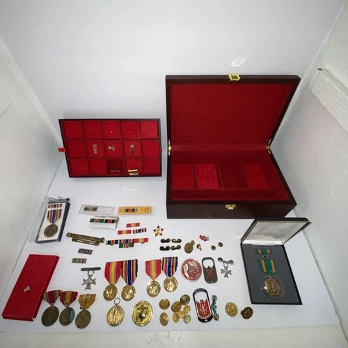 Vintage US Military Medal Ribbon Pin Lot Marine Corps WWII Vietnam Display Case